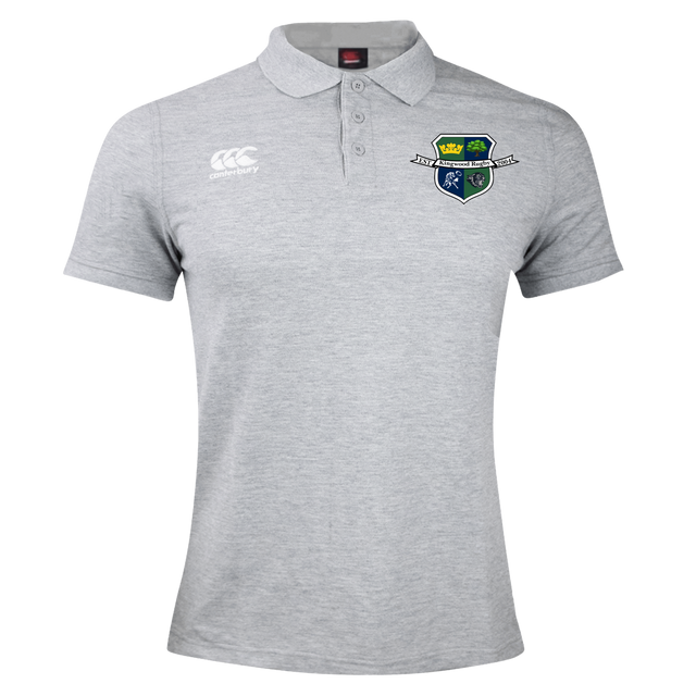 The Kingwood Rugby Waimak Polo by EMB Canterbury is a light grey short-sleeved shirt featuring a stylish crest on the left chest.