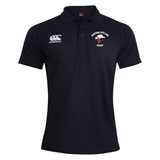 The Ventura Outlaws Rugby Waimak Polo by EMB Canterbury is a black short-sleeved rugby polo shirt featuring the Ventura Outlaws Rugby logo and the Canterbury logo on either side of the chest, crafted from a comfortable cotton polyester blend.