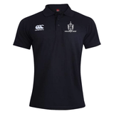 The Highlanders Rugby NC Waimak Polo by Canterbury, available in black, features both "CCC" and "Highlanders Rugby" logos prominently displayed on the chest along with the EMB Canterbury brand logo.