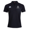 The Highlanders Rugby NC Waimak Polo by Canterbury, available in black, features both "CCC" and "Highlanders Rugby" logos prominently displayed on the chest along with the EMB Canterbury brand logo.