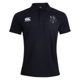 A Cypress Warriors Men's Rugby Waimak Polo by EMB Canterbury in black, with the EMB Canterbury logo on the right chest and the Cypress Warriors crest on the left, displayed on a plain white background.
