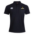The Chicago Riot Waimak Polo by EMB Canterbury is a black men's rugby shirt with a white Canterbury logo on the right chest and the Chicago Riot shield logo on the left chest.