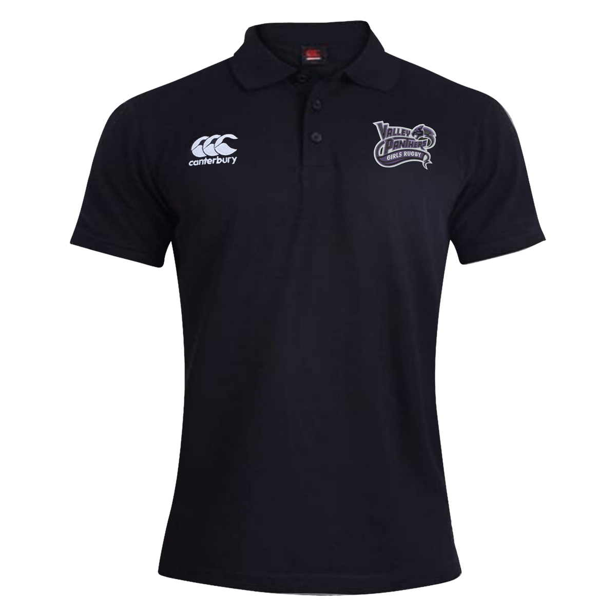 Valley Panthers Girls Rugby Waimak Polo by Canterbury in black, featuring the EMB Canterbury logo on the right chest and a “Youth Darts” emblem on the left chest, buttoned collar, and displayed on a white background. This classic girls’ rugby polo combines comfort and style from EMB Canterbury, making it ideal for any occasion.