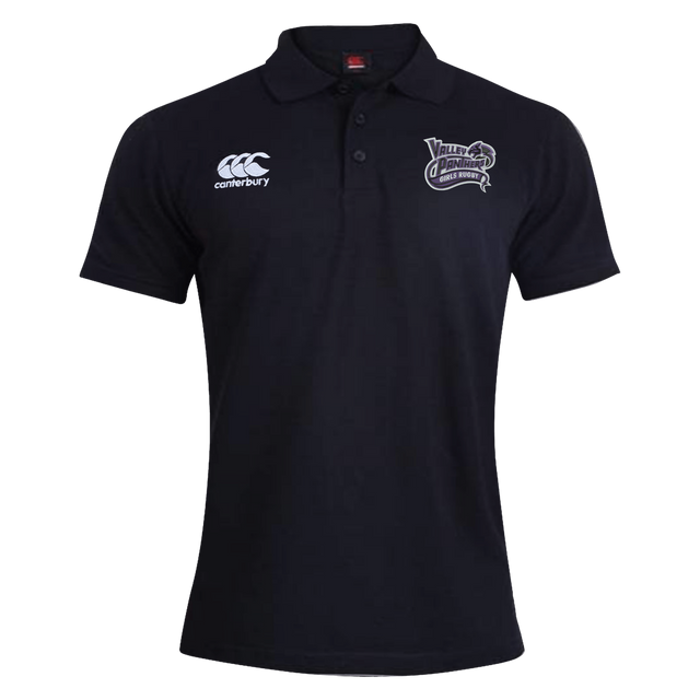 Valley Panthers Girls Rugby Waimak Polo by Canterbury in black, featuring the EMB Canterbury logo on the right chest and a “Youth Darts” emblem on the left chest, buttoned collar, and displayed on a white background. This classic girls’ rugby polo combines comfort and style from EMB Canterbury, making it ideal for any occasion.