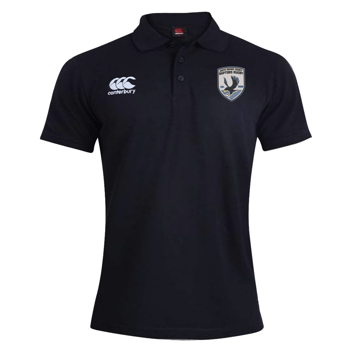 The South Orange County Raptors Waimak Polo by EMB Canterbury is a black short-sleeve rugby polo featuring a classic collar, the EMB Canterbury logo on the right chest, and a shield-shaped bird emblem on the left chest—an ideal men’s rugby polo for both style and sport.