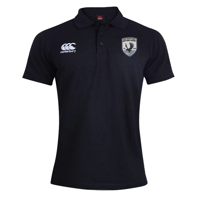 The South Orange County Raptors Waimak Polo by EMB Canterbury is a black short-sleeve rugby polo featuring a classic collar, the EMB Canterbury logo on the right chest, and a shield-shaped bird emblem on the left chest—an ideal men’s rugby polo for both style and sport.