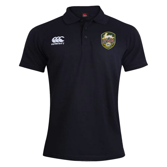 The RVA T.R.C. Waimak Polo by Canterbury is a black short-sleeve men’s rugby shirt from EMB Canterbury, featuring the classic CCC Waimak Rugby Polo design with a Canterbury logo on the right chest and an RVA badge on the left—ideal for fans seeking style and comfort.