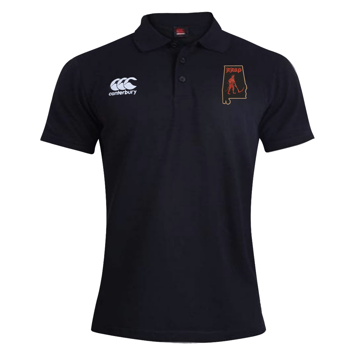 Black Aging Alabama Rugby Players Waimak Polo by Canterbury featuring the EMB Canterbury logo on the right chest and an Alabama state outline logo with a hockey player on the left chest.