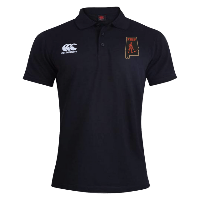 Black Aging Alabama Rugby Players Waimak Polo by Canterbury featuring the EMB Canterbury logo on the right chest and an Alabama state outline logo with a hockey player on the left chest.