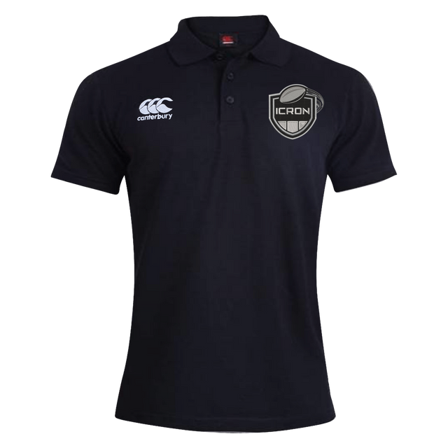 Black ICRON Waimak Polo by Canterbury with a brand logo on the right chest and an ICRON emblem on the left chest.