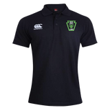 Black Rock Rugby Waimak Polo by Canterbury with a white logo on the right chest and a green and black “Rock Rugby Lions” shield logo on the left chest.