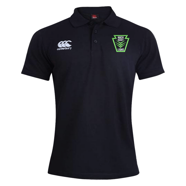 Black Rock Rugby Waimak Polo by Canterbury with a white logo on the right chest and a green and black “Rock Rugby Lions” shield logo on the left chest.