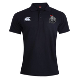 The Birmingham Iron Women's Football Waimak Polo by EMB Canterbury is a black short-sleeve rugby polo with the Canterbury logo on the right chest and a TRON logo with red accent on the left chest.