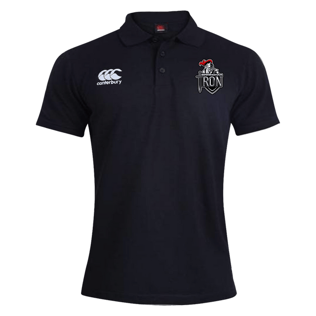 The Birmingham Iron Women's Football Waimak Polo by EMB Canterbury is a black short-sleeve rugby polo with the Canterbury logo on the right chest and a TRON logo with red accent on the left chest.