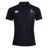 The Birmingham Iron Women's Football Waimak Polo by EMB Canterbury is a black short-sleeve rugby polo with the Canterbury logo on the right chest and a TRON logo with red accent on the left chest.