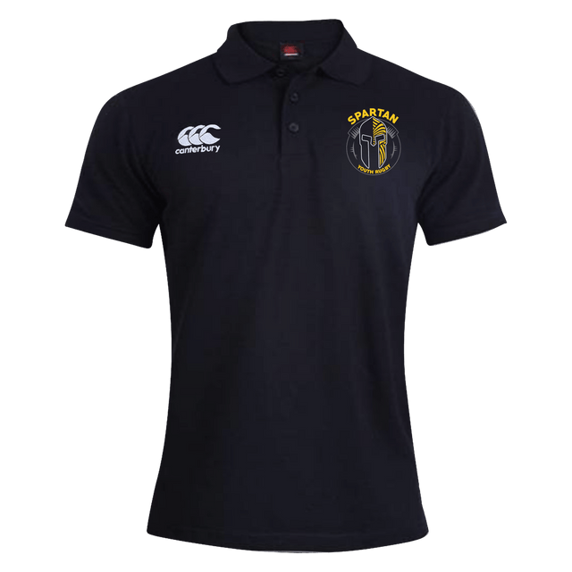 The Spartan Youth Rugby Waimak Polo by EMB Canterbury features a white "Canterbury" logo on the right chest and a yellow-and-black "SPARTAN" badge on the left—ideal for young rugby fans.