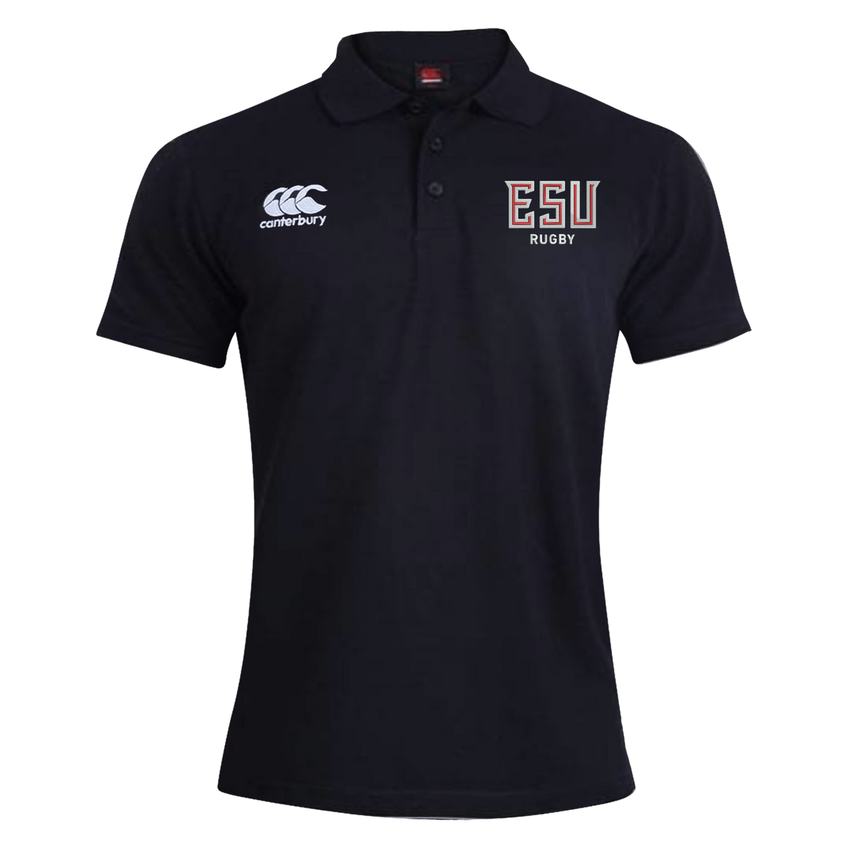 The East Stroudsburg University Waimak Polo by EMB Canterbury is a black short-sleeve rugby polo featuring the Canterbury logo on the right chest and "ESU Rugby" on the left, ideal for fans of classic rugby style.