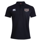 The East Stroudsburg University Waimak Polo by EMB Canterbury is a black short-sleeve rugby polo featuring the Canterbury logo on the right chest and "ESU Rugby" on the left, ideal for fans of classic rugby style.