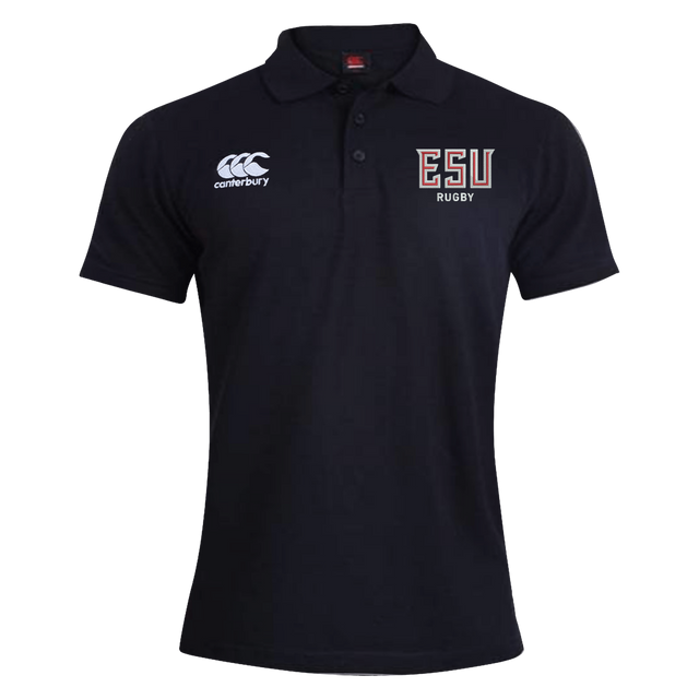 The East Stroudsburg University Waimak Polo by EMB Canterbury is a black short-sleeve rugby polo featuring the Canterbury logo on the right chest and "ESU Rugby" on the left, ideal for fans of classic rugby style.