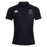 The EMB Canterbury Hornets Rugby Club 1977 Waimak Polo is a classic black short-sleeve rugby polo featuring the Canterbury logo on the right chest and a yellow embroidered Hornets Rugby Club crest on the left chest, perfect for both fans and players.