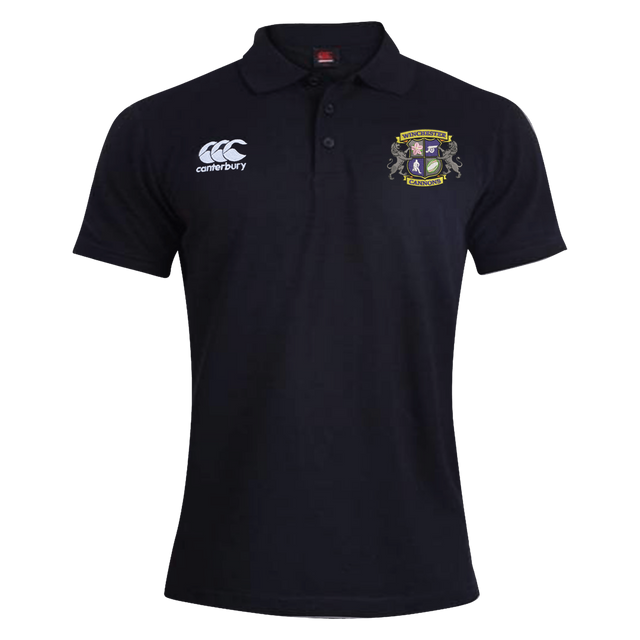 The Winchester Cannons Waimak Polo by EMB Canterbury is a black, short-sleeved rugby shirt featuring a CCC Waimak Rugby Polo logo on the right chest and a crest emblem on the left—perfect as a classic men’s rugby polo.