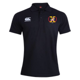 The Potomac Exiles Rugby Club Waimak Polo by Canterbury is a black, short-sleeve men's polo shirt featuring the classic CCC Waimak Rugby Polo design from EMB Canterbury, with the Canterbury logo on the right chest and a yellow, red, and black Potomac Exiles crest on the left chest—making it an essential addition to any men's rugby shirt collection.
