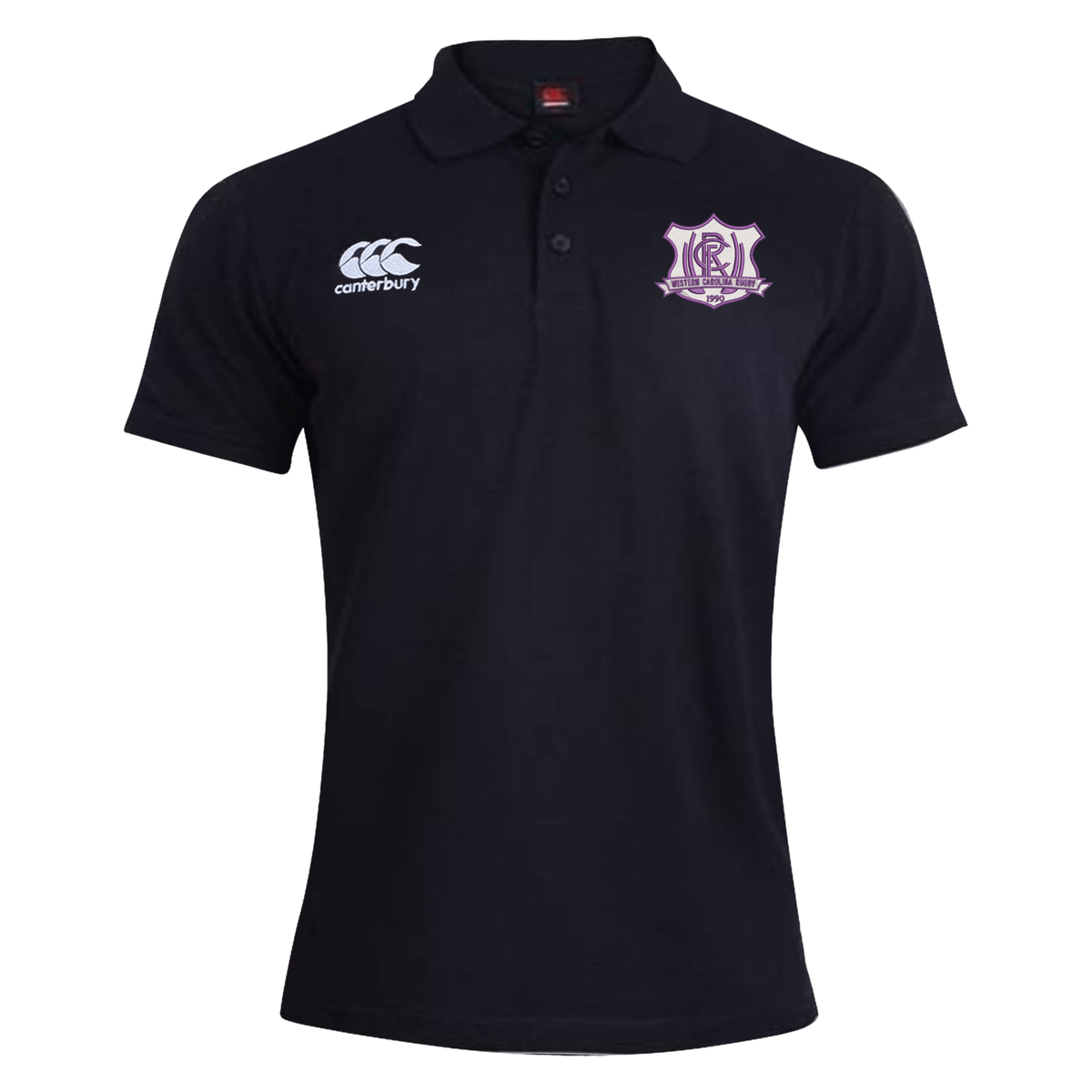 Black Western Carolina University Waimak Polo by Canterbury with a white logo on the right chest and a purple and white Western Carolina Rugby emblem on the left chest.