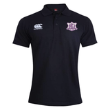 Black Western Carolina University Waimak Polo by Canterbury with a white logo on the right chest and a purple and white Western Carolina Rugby emblem on the left chest.