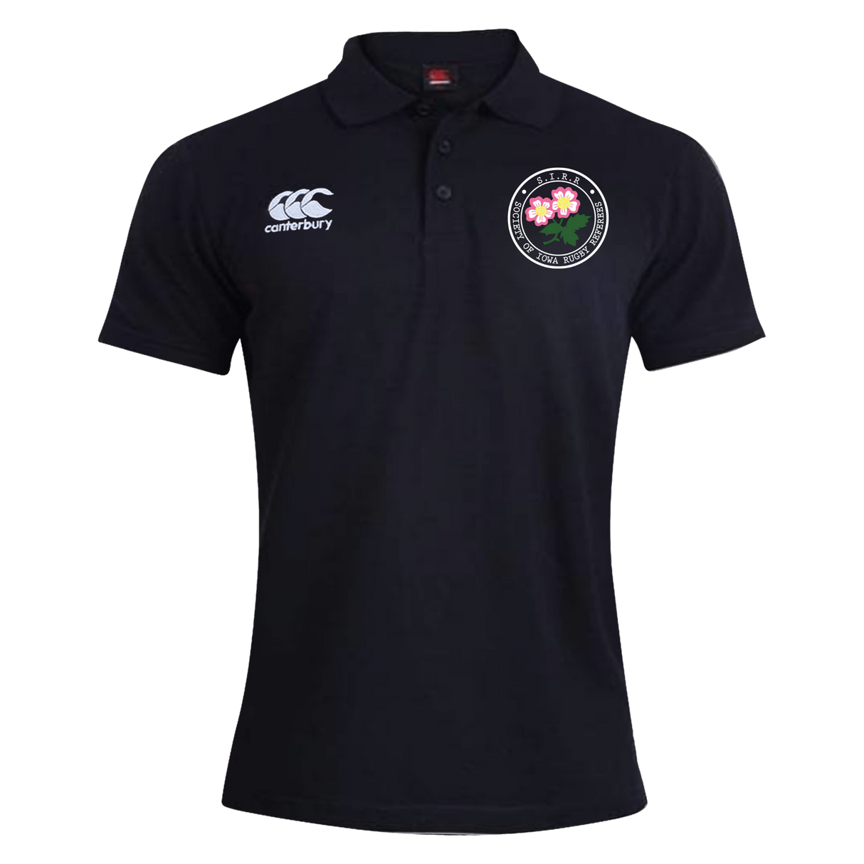 Sure! Here’s the rewritten sentence using your provided product data: Black short-sleeve men’s Society of Iowa Rugby Referees Waimak Polo by Canterbury, featuring a classic EMB Canterbury polo design, with the CCC Waimak Rugby Polo logo on the right chest and a round floral embroidered badge on the left chest.