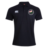 Sure! Here’s the rewritten sentence using your provided product data: Black short-sleeve men’s Society of Iowa Rugby Referees Waimak Polo by Canterbury, featuring a classic EMB Canterbury polo design, with the CCC Waimak Rugby Polo logo on the right chest and a round floral embroidered badge on the left chest.