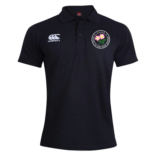 Sure! Here’s the rewritten sentence using your provided product data: Black short-sleeve men’s Society of Iowa Rugby Referees Waimak Polo by Canterbury, featuring a classic EMB Canterbury polo design, with the CCC Waimak Rugby Polo logo on the right chest and a round floral embroidered badge on the left chest.