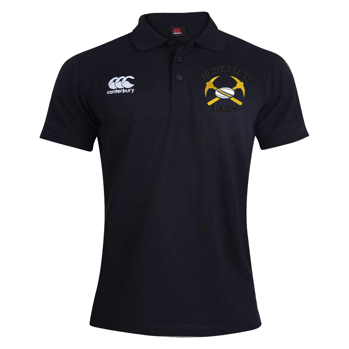 Black Mother Lode Waimak Polo by Canterbury with a brand logo on the right chest and a “Mother Lode Rugby” emblem featuring crossed pickaxes and a rugby ball on the left chest.