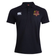 Introducing the Godzilla Rugby Football Club Waimak Polo by EMB Canterbury—a black short-sleeve rugby polo featuring a white Canterbury logo on the right chest and a maroon and yellow “Godzilla” team logo on the left chest. This men’s polo combines timeless style with durable comfort, making it ideal for both fans and players.