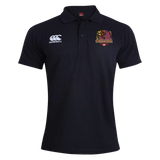 Introducing the Godzilla Rugby Football Club Waimak Polo by EMB Canterbury—a black short-sleeve rugby polo featuring a white Canterbury logo on the right chest and a maroon and yellow “Godzilla” team logo on the left chest. This men’s polo combines timeless style with durable comfort, making it ideal for both fans and players.
