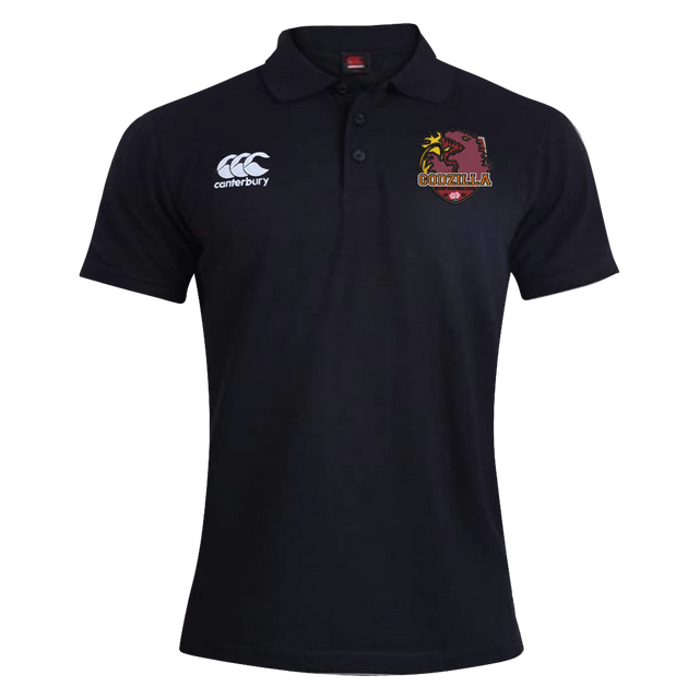 Introducing the Godzilla Rugby Football Club Waimak Polo by EMB Canterbury—a black short-sleeve rugby polo featuring a white Canterbury logo on the right chest and a maroon and yellow “Godzilla” team logo on the left chest. This men’s polo combines timeless style with durable comfort, making it ideal for both fans and players.