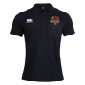 Introducing the Godzilla Rugby Football Club Waimak Polo by EMB Canterbury—a black short-sleeve rugby polo featuring a white Canterbury logo on the right chest and a maroon and yellow “Godzilla” team logo on the left chest. This men’s polo combines timeless style with durable comfort, making it ideal for both fans and players.