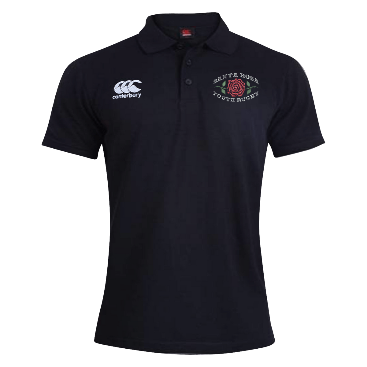 The Santa Rosa Youth Rugby Waimak Polo by Canterbury, from EMB Canterbury, is a black short-sleeve rugby polo shirt featuring the CCC Waimak Rugby Polo logo on the right chest and “Santa Rosa Youth Rugby” with a red rose emblem on the left chest—making it an ideal men’s rugby polo for comfort and style.