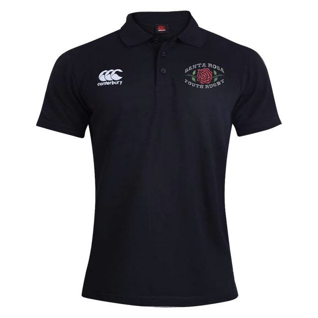 The Santa Rosa Youth Rugby Waimak Polo by Canterbury, from EMB Canterbury, is a black short-sleeve rugby polo shirt featuring the CCC Waimak Rugby Polo logo on the right chest and “Santa Rosa Youth Rugby” with a red rose emblem on the left chest—making it an ideal men’s rugby polo for comfort and style.