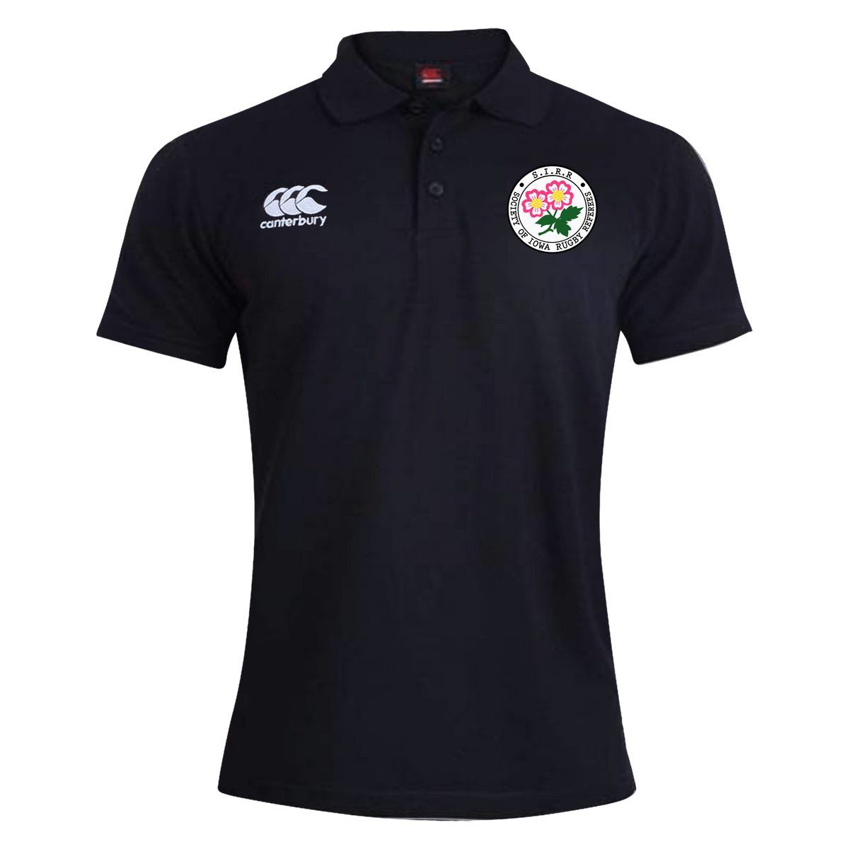 Men’s black Society of Iowa Rugby Referees Waimak Polo by Canterbury featuring a white EMB Canterbury logo on the right chest and a circular emblem with a pink flower on the left chest. This classic polo combines style and comfort, making it ideal for both casual wear and time on the rugby field.