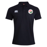 Men’s black Society of Iowa Rugby Referees Waimak Polo by Canterbury featuring a white EMB Canterbury logo on the right chest and a circular emblem with a pink flower on the left chest. This classic polo combines style and comfort, making it ideal for both casual wear and time on the rugby field.
