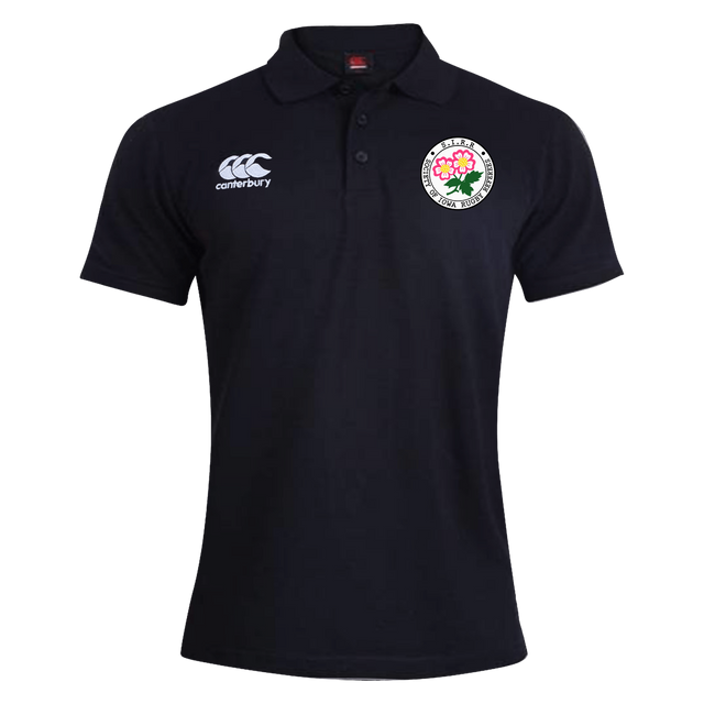 Men’s black Society of Iowa Rugby Referees Waimak Polo by Canterbury featuring a white EMB Canterbury logo on the right chest and a circular emblem with a pink flower on the left chest. This classic polo combines style and comfort, making it ideal for both casual wear and time on the rugby field.