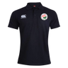 Men’s black Society of Iowa Rugby Referees Waimak Polo by Canterbury featuring a white EMB Canterbury logo on the right chest and a circular emblem with a pink flower on the left chest. This classic polo combines style and comfort, making it ideal for both casual wear and time on the rugby field.