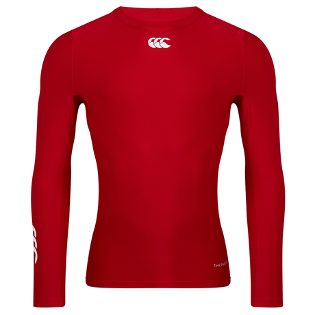 Red long sleeve round neck shirt with white CCC logo under collar, CCC logo on right arm and Thermoreg in silver on lower left hip.
