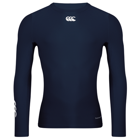 Navy long sleeve round neck shirt with white CCC logo under collar, CCC logo on right arm and Thermoreg in silver on lower left hip.