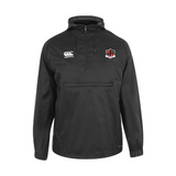The Southern Pines Youth Rugby Packaway Jacket by EMB Canterbury features a black hooded quarter-zip design crafted from durable nylon taffeta, with a white Canterbury logo and red-and-black shield emblem. It includes elastic cuffs, a front zip pocket, and is sleek and water-resistant.