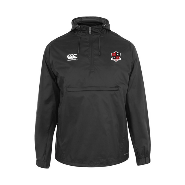 The Southern Pines Youth Rugby Packaway Jacket by EMB Canterbury features a black hooded quarter-zip design crafted from durable nylon taffeta, with a white Canterbury logo and red-and-black shield emblem. It includes elastic cuffs, a front zip pocket, and is sleek and water-resistant.