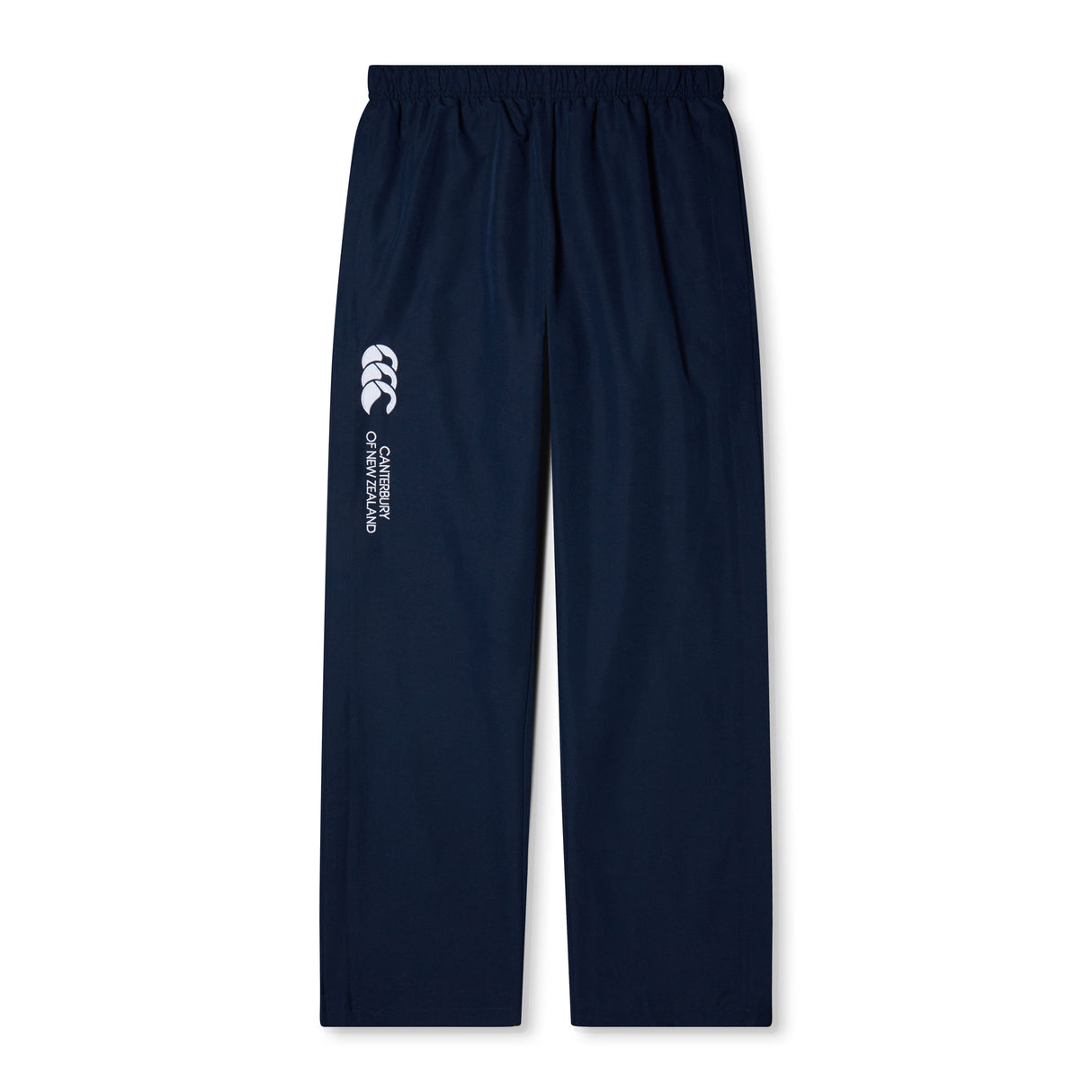 The Women's Canterbury Open Hem Stadium Pant features a navy blue color with an elastic waistband, showcasing a white Canterbury logo and "Queensland" on the left leg. These athletic pants are ideal for rugby training and come with full-length leg zips for convenience.