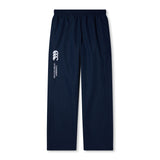 The Women's Canterbury Open Hem Stadium Pant features a navy blue color with an elastic waistband, showcasing a white Canterbury logo and "Queensland" on the left leg. These athletic pants are ideal for rugby training and come with full-length leg zips for convenience.