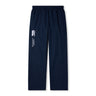 The Women's Canterbury Open Hem Stadium Pant features a navy blue color with an elastic waistband, showcasing a white Canterbury logo and "Queensland" on the left leg. These athletic pants are ideal for rugby training and come with full-length leg zips for convenience.