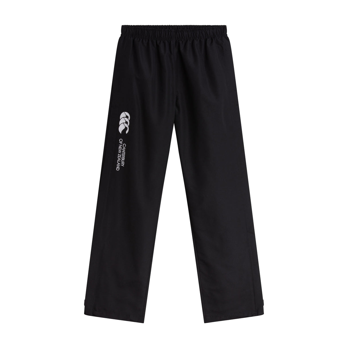 The Women's Canterbury Open Hem Stadium Pant features black athletic pants with an elastic waistband and the iconic Canterbury logo on the side. They're designed for comfort during rugby training and include convenient full-length leg zips.